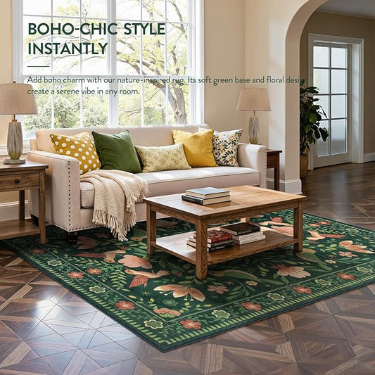 Moynesa Floral Bird 6x9 Green Area Rug for Living Room Bedroom Dining Room, Vintage Home Decorations for Modern Cottage Farmhouse Aesthetic Open Areas,Comfort Floor Protection Non-Slip Washable