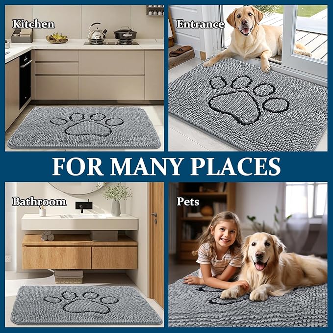 OLANLY Dog Door Mat for Muddy Paws 70x24, Paw Print Design, Absorbs Moisture and Dirt, Absorbent Non-Slip Washable Doormat, Quick Dry Chenille Mud Mat for Dogs, Entry Indoor Entryway Carpet, Grey