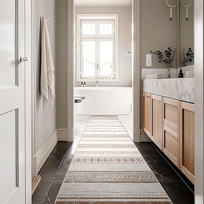 BESTSWEETIE 2x8 Area Rugs for Living Room Washable Moroccan Farmhouse Neutral Geometric Low Pile Non-Slip Soft Print Pattern Rug for Bedroom Kitchen Dining Room Entryway Cream/Brown/Pink