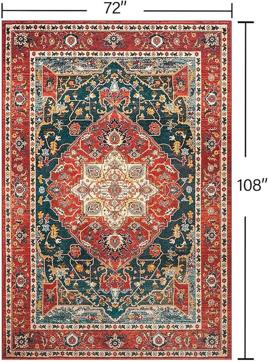 YJ.GWL Area Rugs for Living Room 6x9 Machine Washable Rugs, Non Slip Floral Vintage Rug Indoor Carpet, Stain Resistant Large Rug for Bedroom Dining Room, Orange-Red