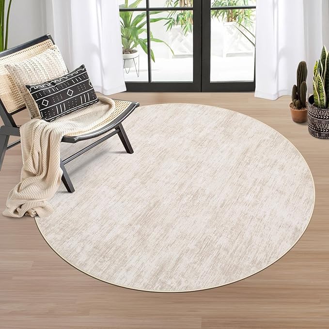 RUGSREAL Washable Round Rug 4x4 ft for Living Room Modern Round Rug Small Bedside Carpet with Rubber Backing Stain Resistant Small Entry Mat Neutral Circle Rug for Bedroom Nursery Home Decor, Beige
