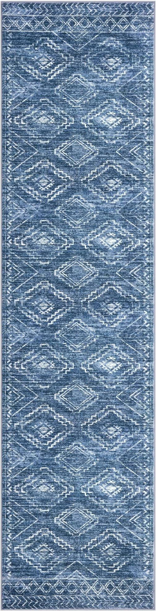 KILOCOCO Hallway Runner Rug 2x8 Runners for Hallways Washable Runner Rug Non Slip Rubber Backed Low-Pile Runners for Bedroom Kitchen Living Room Laundry Room Boho Rugs, Stonewashed Blue