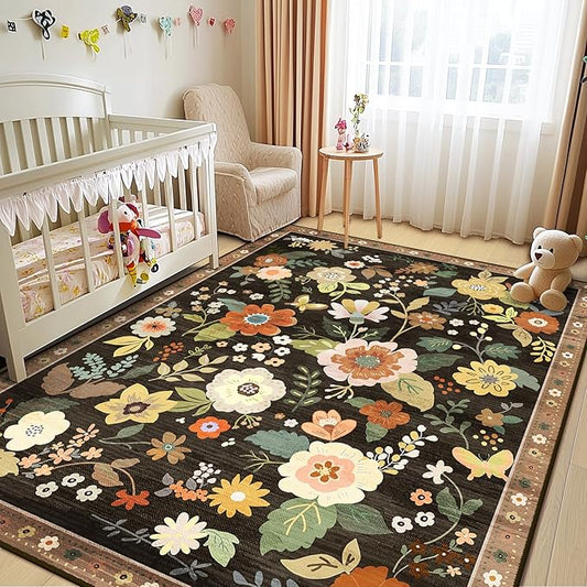 Floral 5x7 Area Rug Machine Washable Soft Print Boho Carpet Non Slip Doormat Low Pile Flower Area Rugs for Living Room Bedroom Nursery Kitchen Dining Room Indoor-Black/Yellow/Red