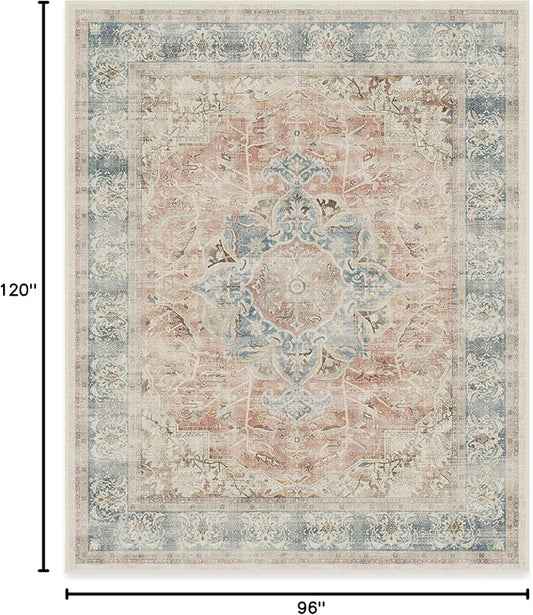 RUGGABLE Washable Vintage Area Rug – Sarrah Coral 8x10, Stain-Resistant, Non-Slip – Large Machine Washable Rugs for Living Room, Bedroom, Hallway, Entryway & Office–with Cushioned Pad