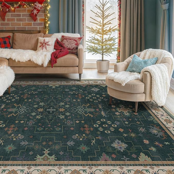 Vintage Dark Green 6x9 Dining Room Rugs for Under Kitchen Table - Washable Livinig Room Rug - Unique Floral Pastel Low Pile Non-Slip Large Area Rugs for Bedroom