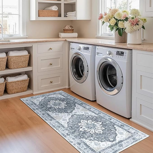 Area Rugs 2'x6' Washable Non-Slip, Floral Vintage Distress Print Pattern Medallion Carpet for Living Room Bedroom Dining Room, Light Gray Grey White
