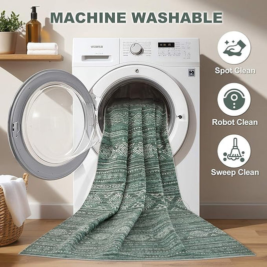 Nakagishi 7x9 Area Rugs Living Room: Washable Boho Large Neutral Soft Farmhouse Rug Stain Resistant Modern Indoor Floor Non-Slip Carpet for Bedroom Nursery Kids Playroom Office Dining Room Dorm- Green