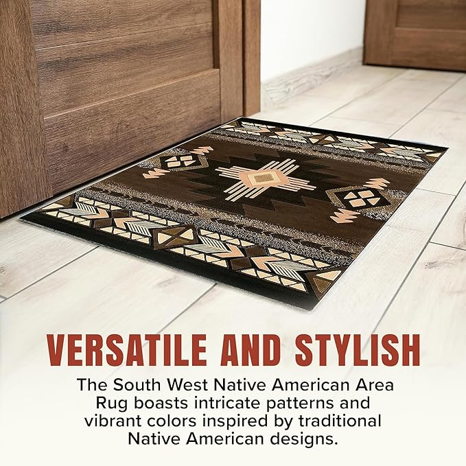 YHSF South West Native American Area Rug C318 - Easy Clean, Thick, Soft, Durable Native Tribal American Indian Inspired Rug for Bedroom/Living Room and More - Chocolate Brown, 2 Feet x 7 Feet
