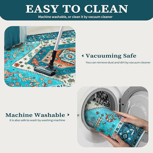 SERISSA Boho Rugs for Entryway, 2x3 Blue Entryway Rug Non-Slip Washable Small Area Rug, Ultra Soft Oriental Vintage Low-Pile Indoor Door Mat Floor Carpet for Entrance Bedroom Kitchen Bathroom