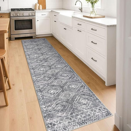 KILOCOCO Hallway Runner Rug 2'x8' Runners for Hallways Washable Runner Rug Non Slip Rubber Backed Low-Pile Runners for Bedroom Kitchen Living Room Laundry Room Boho Rugs, Grey
