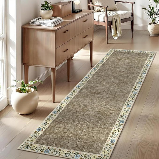 GarveeHome Entryway Rug 2x6 Modern Bordered Runner Rug Washable Kitchen Runners for Hallway Non-Slip Low-Pile Soft Carpet Floral Print Bathroom Mat for Bedroom Laundry Room, Dark Camel