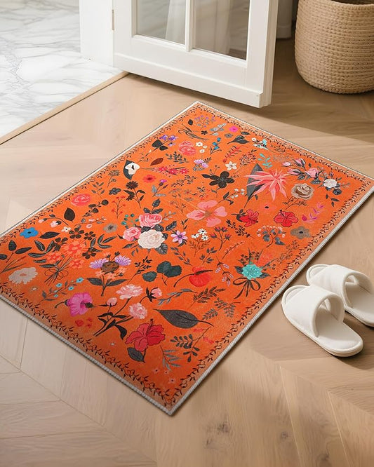 Boho Floral Entryway Rug 2x3, Washable Small Mat for Bathroom and Kitchen, Non Slip Front Door Mat Indoor Entrance, Vintage Style Flower Mat with Rubber Backing, Soft Area Rug for Entry Way (Orange)