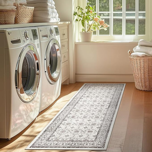 jinchan Floral Runner Rug 2x5 - Machine Washable Beige Vintage Distressed Design Soft Non-Slip Low-Pile Ultra-Thin Runner Rug for Kitchen Hallway Laundry Room Entryway Farmhouse (2‘x5', Beige)