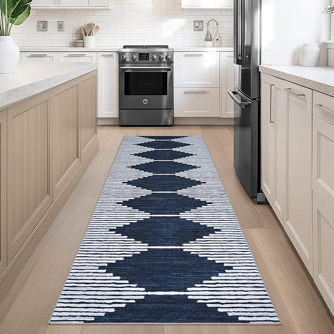 HelloTree Hallway Runner Rug,2.6x8 Moroccan Modern Stripe Carpet Washable Machine Bathroom Runner Bohemian Design Modern Soft Non Slip Indoor Rug for Entryway Hallway Laundry Room Bedroom-Blue
