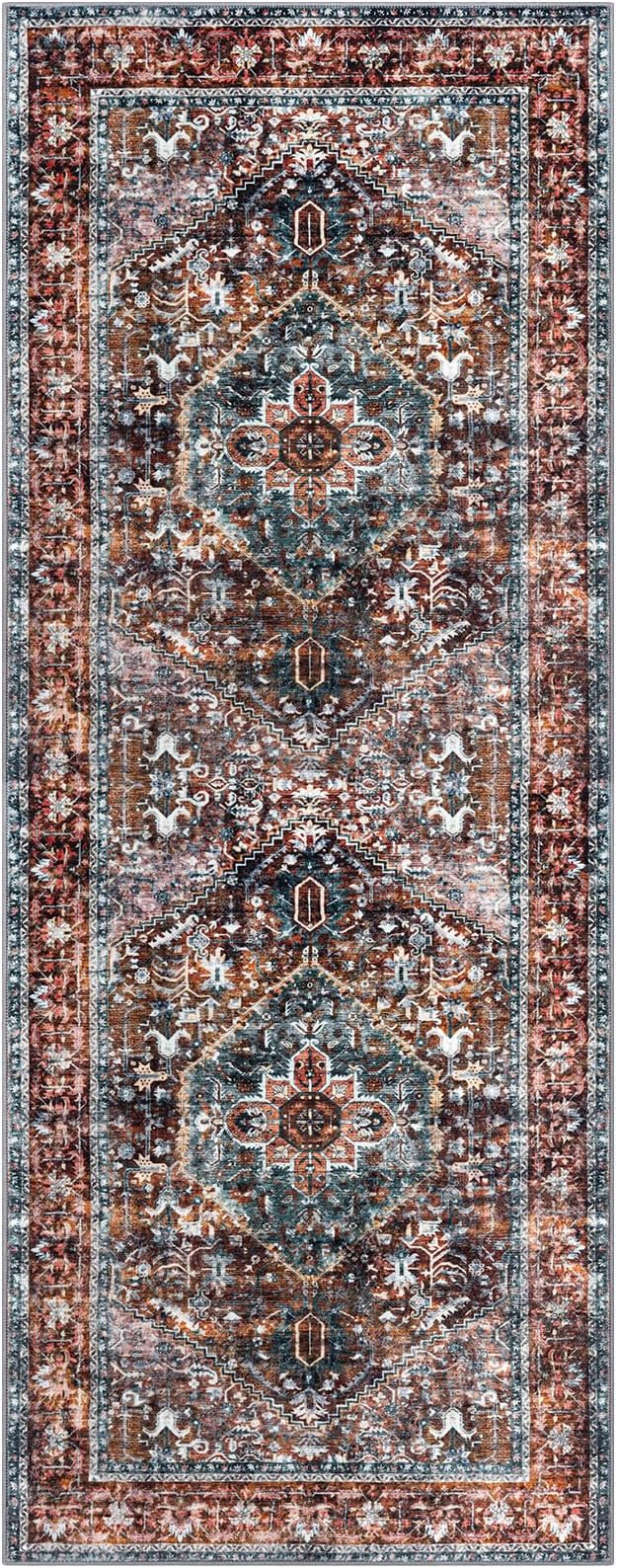 KOZYFLY Runners for Hallways 2x6 Ft Washable Kitchen Runner Rug Boho Runner Rug for Entryway Indoor Printed Oriental Faux Wool Floor Carpet Runner for Bedroom Kitchen Hall, Brick Red/Orange/Green