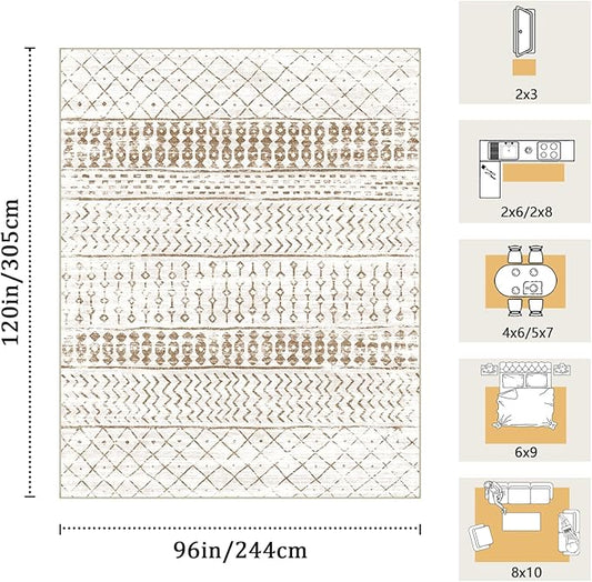 8x10 Machine Washable Area Rug for Living Room, Brown White Vintage Moroccan Rug Large Non-Slip Low Pile Soft Faux Wool Carpet, Kids and Pets Friendly for Bedroom Dining Room Farmhouse Home Decor Rug