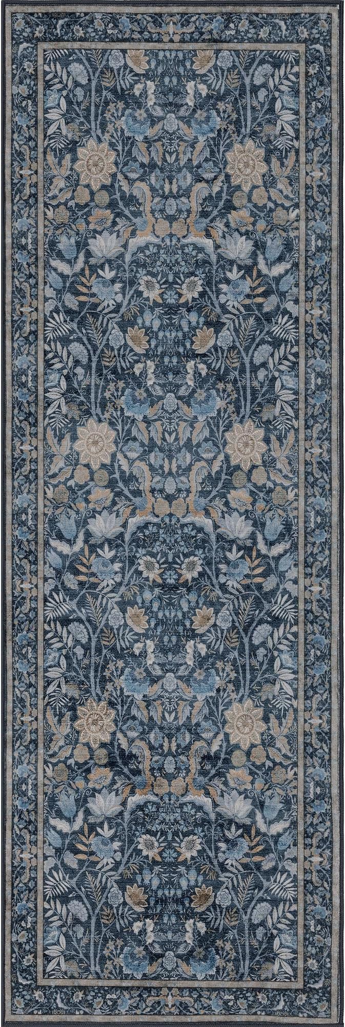 Washable Runner Rug 2x6: Vintage Boho Floral Carpet Runners for Hallway Entryway Non-Slip - Soft Botanical Low Pile Thin Mat for Kitchen Bathroom Bedroom Laundry Floor Decor - Slate Blue