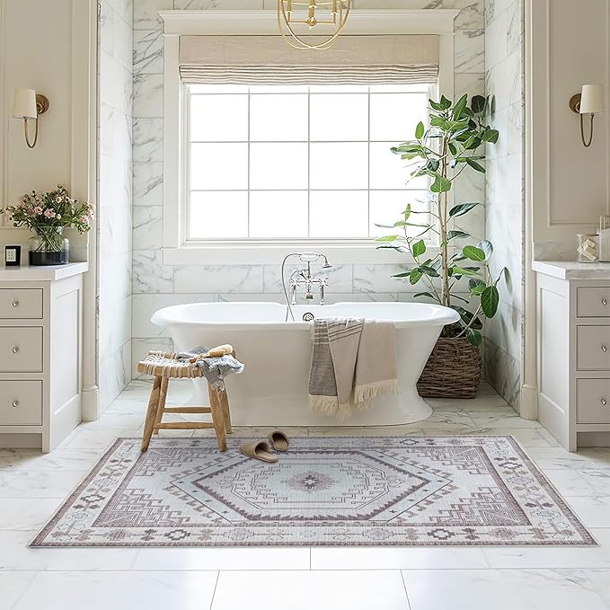 Fame Living Washable Area Rug. Modern Farmhouse. Vintage. Turkish. Bohemian. Distressed. Oriental. Traditional. Rugs for Living Room. Dining. Bedroom. Office. Entryway. Foyer. (856BrC, 9'5" x 14')