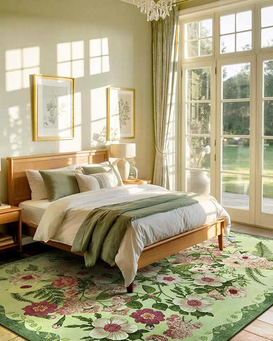 Floral Bedroom Rug - 4x6 Washable Area Rugs Non-Slip Soft Low-Pile Stain Resistant Carpet Flower Print Vintage Indoor Rug for Living Room Dining Room Office Nursery Room, Green