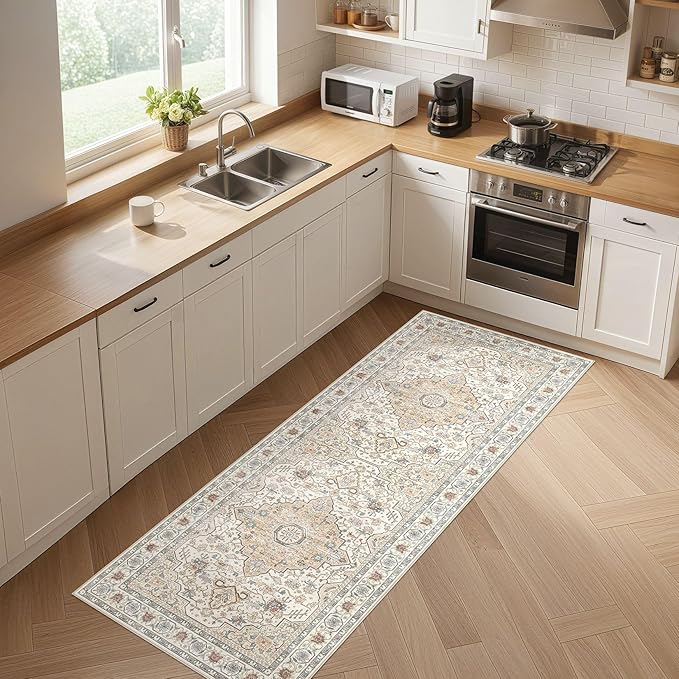 Runner Rug Kitchen Washable Rugs: 3x10 Non-Slip Boho Soft Vintage Stain Resistant Indoor Floor Neutral Farmhouse Throw Carpet for Hallway Bathroom Laundry Room Entryway Bedroom- Cream