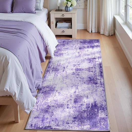 Washable Area Rugs 2'x6' Non-Slip Modern Abstract Soft for Living Room Entryway Bedroom Nursery, Print Pattern, Purple Gray Pink White