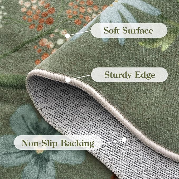 Lahome Floral Round Area Rugs, Washable Small Round Rug 3ft Non-Slip, Soft Boho Ultra-Thin Circle Carpet for Bedroom Entryway Kitchen Laundry Bathroom, Green