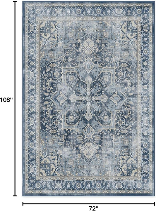 RUGGABLE Washable Vintage Area Rug – Kamran Admiral Blue 6x9, Stain-Resistant, Non-Slip – Medium Machine Washable Rugs for Living Room, Bedroom, Hallway, Entryway & Office–with Standard Pad
