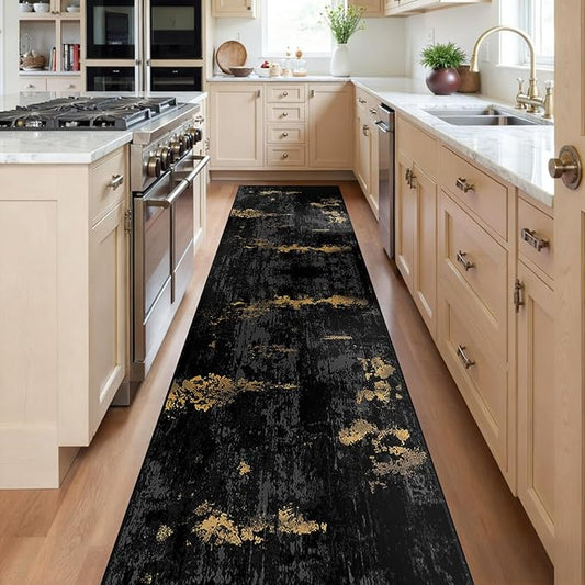 Washable Area Rugs 2'x10' Non-Slip Modern Abstract Soft for Living Room Entryway Bedroom Nursery, Print Pattern, Dark Black Gold