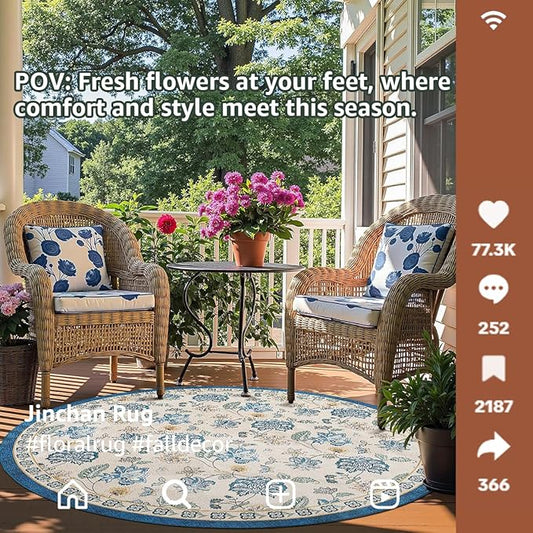 jinchan Elora 4ft Floral Round Rug for Entryway Washable Kitchen Rug Vintage Romance Design Non Slip Indoor Doormat Lightweight Low-Profile Throw Carpet for Living Room Dining Room Bedroom, Blue/Beige