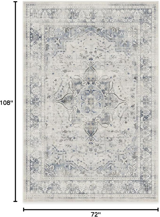 RUGGABLE Washable Vintage Area Rug – Sarrah Blue Quartz 6x9, Stain-Resistant, Non-Slip – Medium Machine Washable Rugs for Living Room, Bedroom, Hallway, Entryway & Office–with Standard Pad