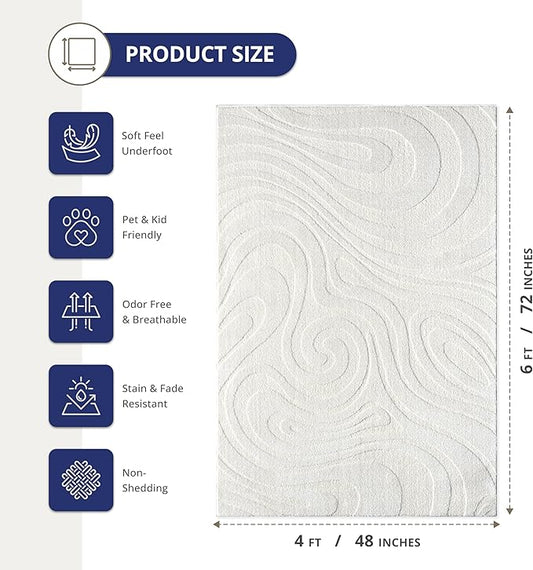 Abani Cozy Cream Area Rug for Living Room, Bedroom - Swirl Waves Pattern - 4' x 6' - Durable & Easy to Clean