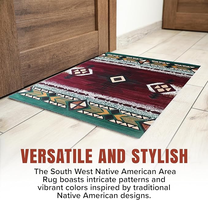 YHSF South West Native American Area Rug C318 - Easy Clean, Thick, Soft, Durable Native Tribal American Indian Inspired Rug for Bedroom/Living Room and More - Burgundy, 5 Feet x 7 Feet