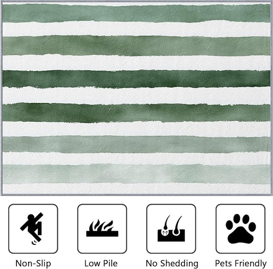 Striped Large Rug - 7x9 Area Rug - Green and White Stripe Minimalist Watercolor Rugs for Living Room Non Slip Low Pile Machine Washable Dining Room Rugs, Striped Carpet Home Decor & Gifts