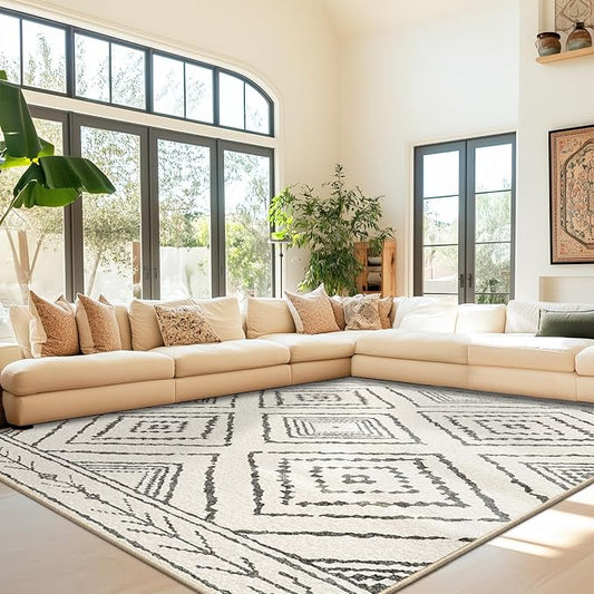 Area Rug 10x14 Rug Machine Washable Non-Slip Low Pile Print Pattern Western Rug for Living Room Bedroom Entryway Tribal Series -Navywhite/Black