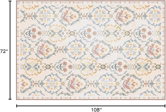 Phantoscope Washable Area Rug 6'x9' Non-Slip, Vintage Floral Boho Rugs for Living Room, Bedroom, DiningRoom, Soft Botanical Moroccan Pattern, Low-Pile Foldable Floor Carpet, Ivory Pink/Boho Garden