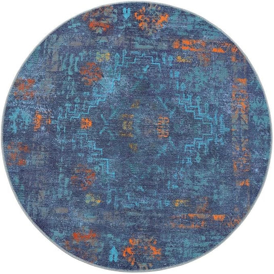 GLN Rugs Contemporary Collection - Machine Washable Area Rug, Contemporary Washable, Non Slip, Low Pile Chenille Rug, Living Room, Bedroom, Kitchen Rug (5'3" Round Midnight/Multi)