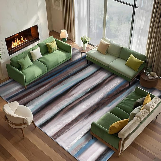 4x6 Abstract Rug for Entryway, Modern Stripe Washable Indoor Entry Way Area Rugs, Soft Non-Slip Door Mat Floor Carpet for Dining Room Kitchen Bedroom - Blue/Brown/Multi