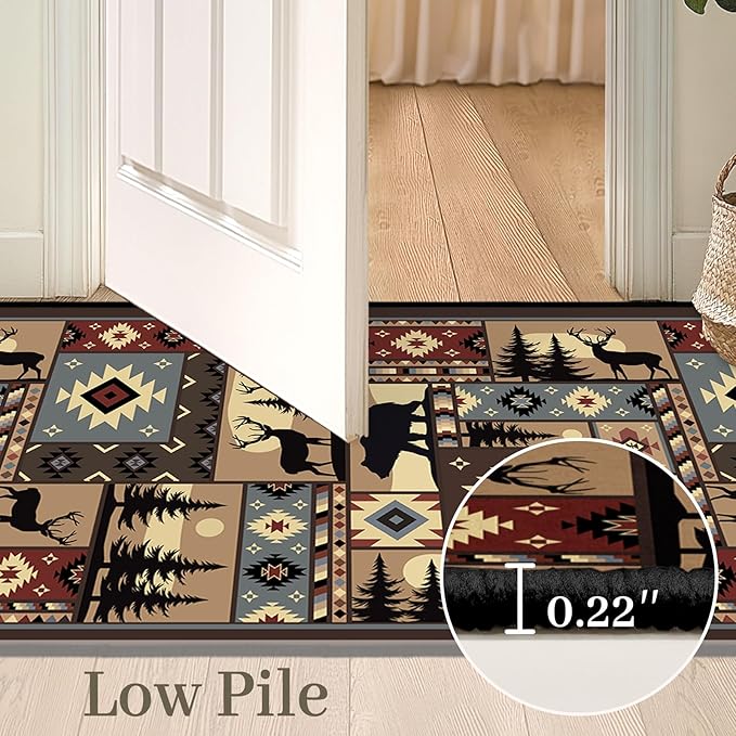 Rustic Cabin Wildlife Area Rug 5x7 Living Room Rug,Buffalo Plaid Bear Moose Deer Country,Vintage Throw Rugs Carpet for Dining Room Washable Bedroom Rug Non Slip Floor Carpets for Office,Kids Playroom