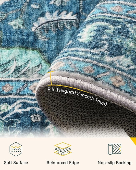 Area Rugs 9'x12' Washable Non-Slip, Floral Vintage Distress Print Pattern Medallion Carpet for Living Room Bedroom Dining Room, Teal Green Lake Blue Turquoise