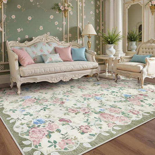 Lahome Vintage Floral Area Rugs 8x10,Large Rugs for Living Room Boho Area Rug Machine Washable, Low Pile Bedroom Rugs 8x10 Carpet for Office Rug Playroom Dining Room(Cream/Green)