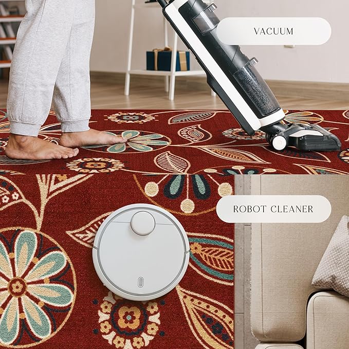 Maples Rugs Reggie Floral Runner Rug - Made in USA - Washable, Non Slip Indoor Carpet for Kitchen, Hallway, and Laundry Room, 2' x 10', Merlot