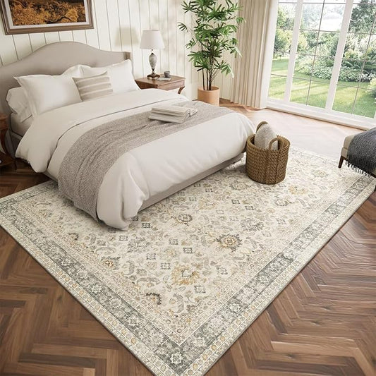 Washable 5x7 Area Rugs for Living Room, BoHo Non-slip Vintage Distress Rugs for Bedroom Dining Room Nursery Office, 0.3" Neutral Oriental Throw Thin Carpet with Cushioning Pad, Grey/Beige/Orange/Multi