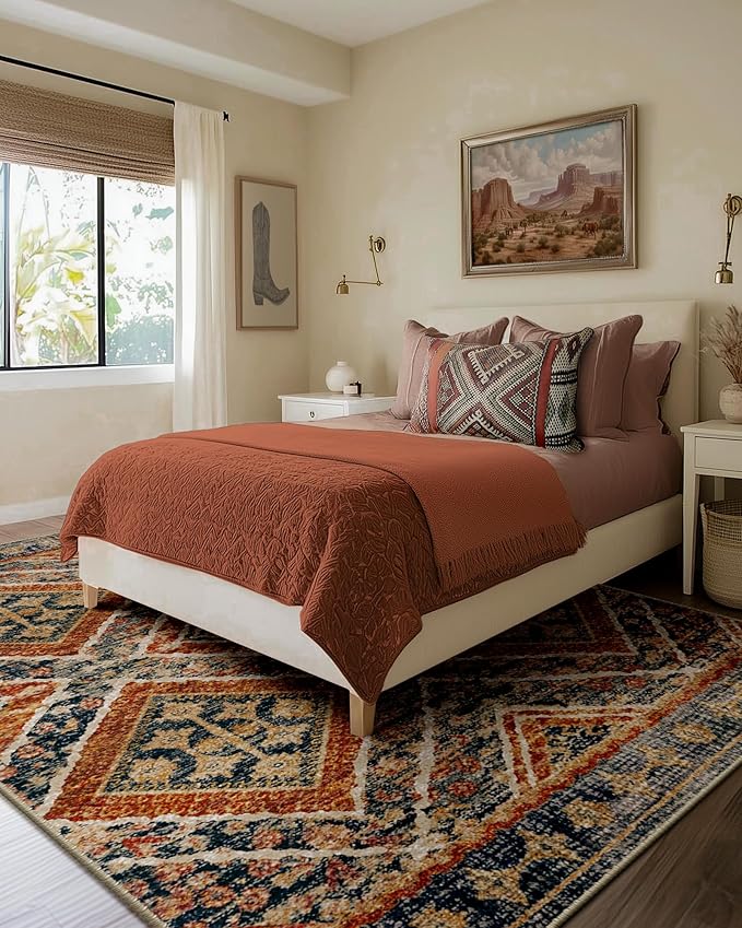 Area Rug 5x7 Rug Machine Washable Non-Slip Low Pile Print Pattern Fall Rug for Living Room Bedroom Entryway Tribal Series -Orange/Brown