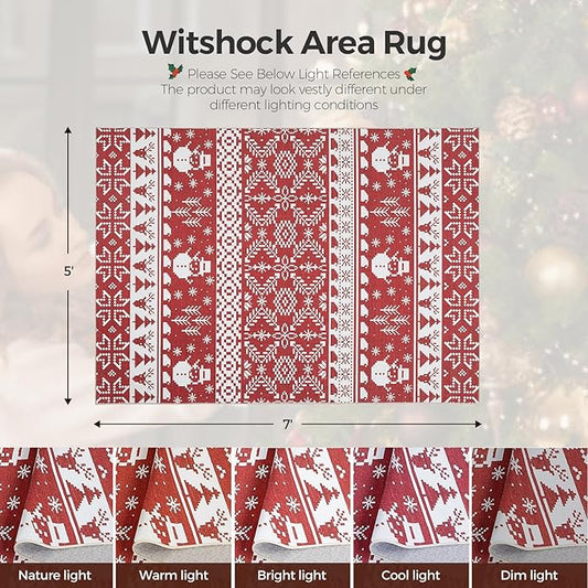 WITSHOCK Christmas Area Rugs for Living Room: 5x7 Stain Resistant Non-Slip Washable Red Snowflake Christmas Carpet, Soft Dining Room Bedroom Rugs, Indoor Decor for Home, Holiday