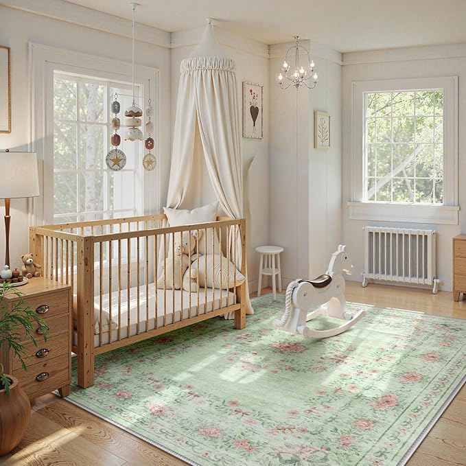 Wonnitar Green Area Rug for Living Room, Floral Bow 8x10 Washable Rug, Ultra-Thin Non Shedding Soft Boho Carpet for Bedroom Dining Room Playroom Dorm, Light Green
