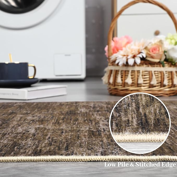 RUGSREAL 3x3 Round Area Rug Small Washable Circle Rug Non Slip Stain Resistant Entry Mat Modern Solid Color Round Living Room Carpet Low Pile Soft Bedroom Mat Neutral Rug for Bedside Nursery, Brown
