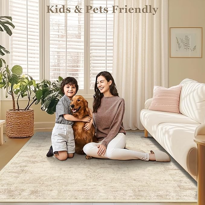 Beige Farmhouse Distressed 8x10 Area Rugs for Living Room, Washable Non Slip Bedroom Rugs Under Bed Faux Wool Soft, Natural Medallion Pinted Thin Carpet for Dining Room Home Office