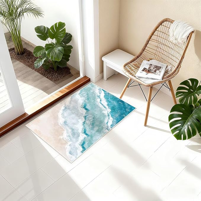 Beach Pattern Small Rug 2x3ft Runner Rug Non Slip Washable Kitchen Runner Rug with Rubber Backing,Low-Pile Soft Indoor Door mats Washable Runner Rugs for Hallway Entryway Kitchen Bedroom