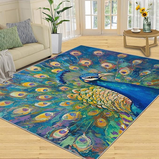 Peacock Rug Large - 5x7 Rug, Turquoise Teal Peafowl Washable Rugs for Living Room, Peafowl Decor Carpet, Modern Style Non-Slip Area Rugs for Bedroom, Aesthetics Carpet - Peafowl Home Decor & Gifts