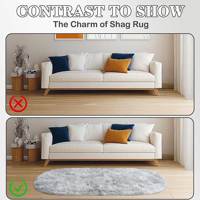 Soft Fluffy Area Rug for Bedroom, Tie-Dye Grey Fuzzy Shaggy Oval Throw Rugs for Bedside, Non-Slip Cozy Plush Shag Carpet for Kids Room Nursery Dorm Living Room, 2.6 x 5.3 Feet